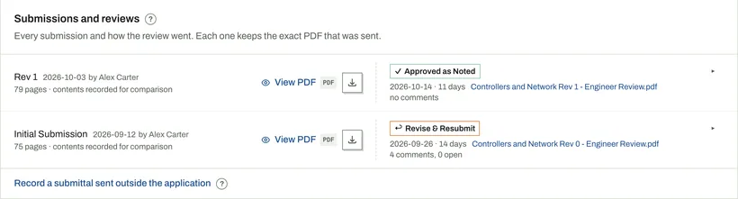 The submissions of one submittal: the initial submission came back revise and resubmit with 4 comments, and Rev 1 came back approved as noted, each with the engineer's returned PDF.